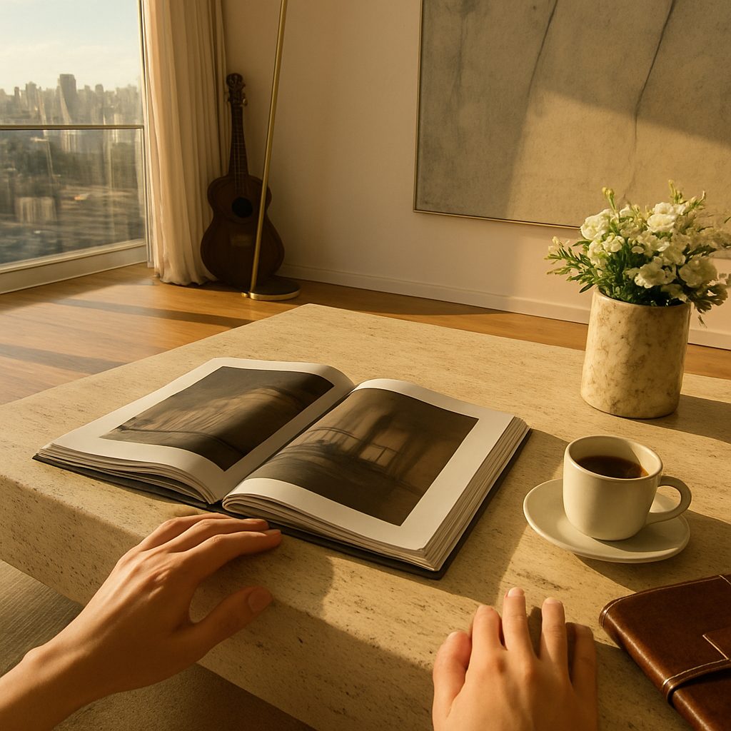 Uma manhã tranquila em casa: café e um livro na mesa, com luz dourada pela janela.
